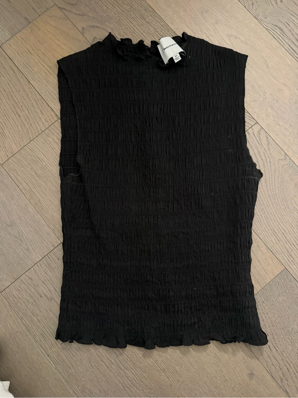 Reformation Black Smocked Ruffle Mock Neck Tank